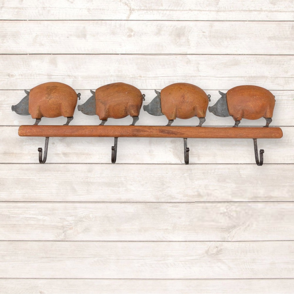 Rustic Wood and Metal Pig Wall Mount Coat Rack 4 Hook Farmhouse Entryway Decor